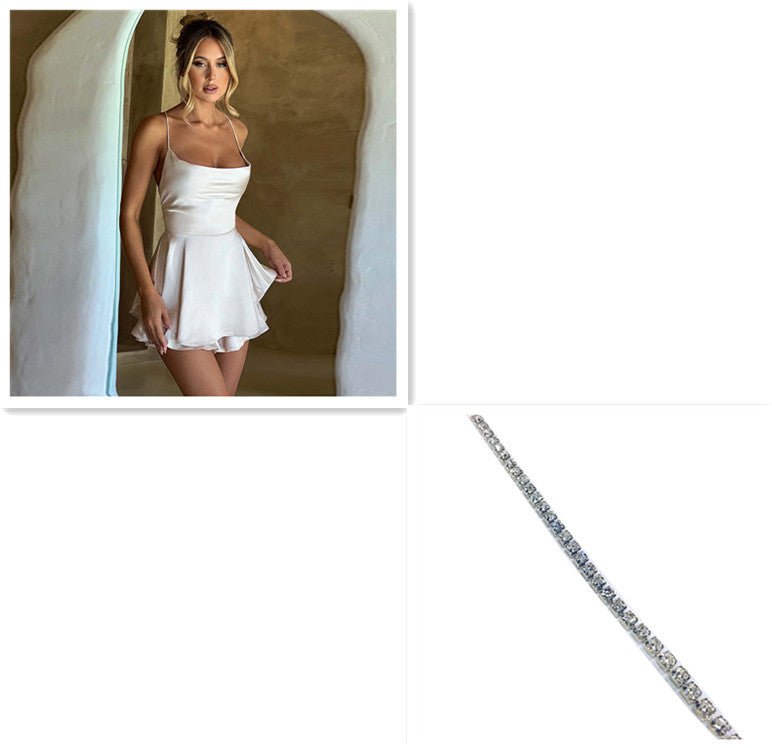 Sexy Suspender Skirt For Women Elegant Slim Strap Satin Backless Lace Up A-Line Short Dress Lady - ANIBEY