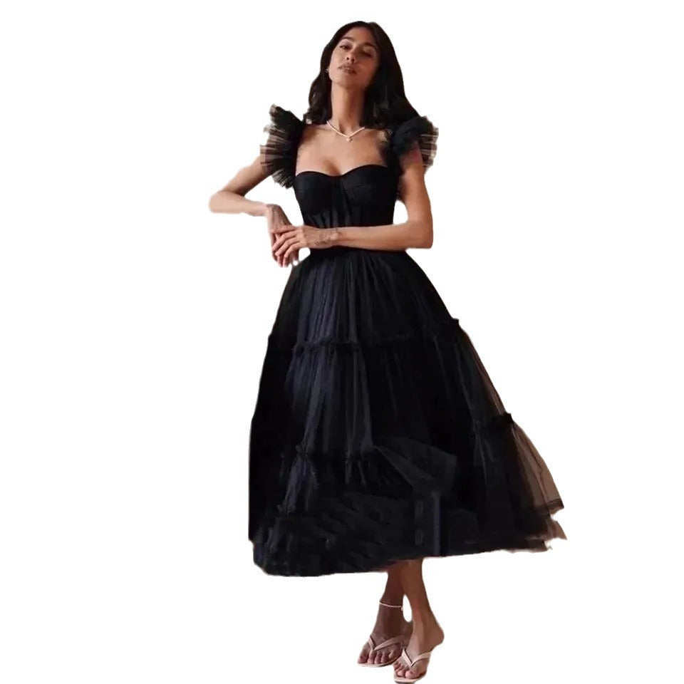 Long Sleeve Transparent Lace Black Wedding Pettiskirt - ANIBEY