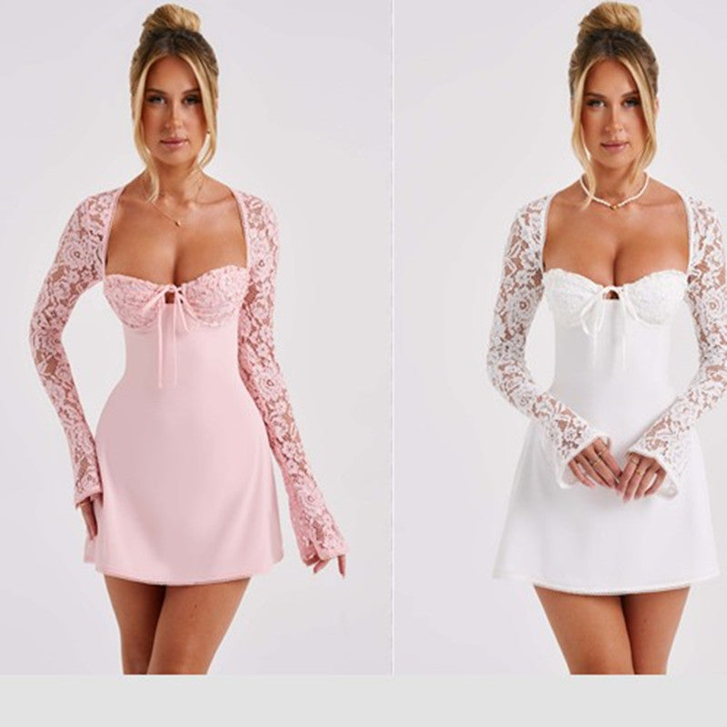 Fashion Corset Lace Long Sleeve Sexy Y2K Backless Lace Up Short Women's Dresses - ANIBEY