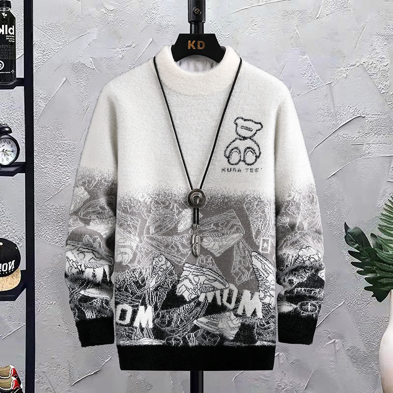 Fleece Patchwork Hip Hop Crew Neck Sweater for Men - ANIBEY