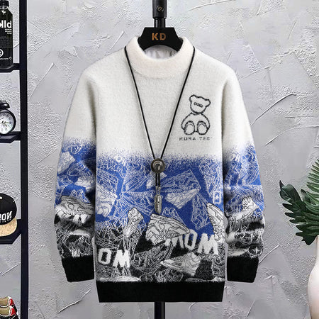 Fleece Patchwork Hip Hop Crew Neck Sweater for Men - ANIBEY