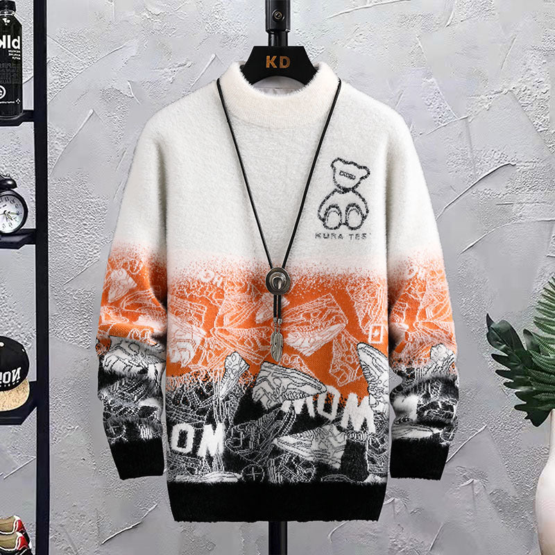 Fleece Patchwork Hip Hop Crew Neck Sweater for Men - ANIBEY