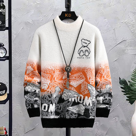 Fleece Patchwork Hip Hop Crew Neck Sweater for Men - ANIBEY