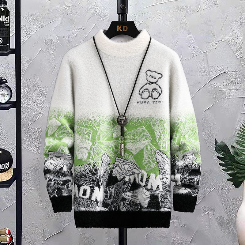 Fleece Patchwork Hip Hop Crew Neck Sweater for Men - ANIBEY