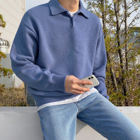 Men's Trendy Solid Color Loose Collared Pullover Sweater - ANIBEY