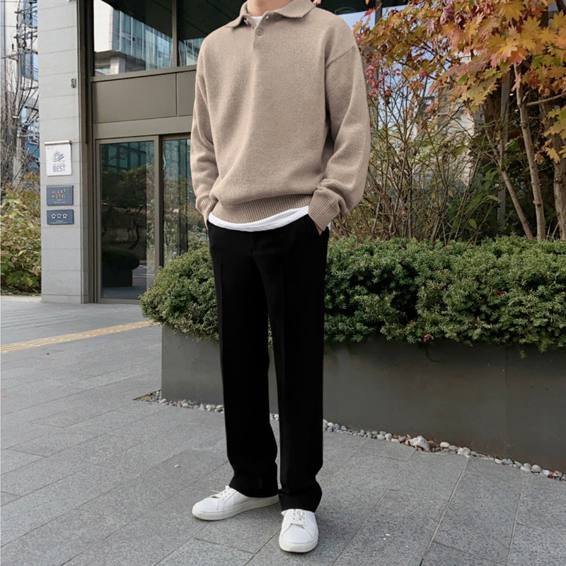 Men's Trendy Solid Color Loose Collared Pullover Sweater - ANIBEY