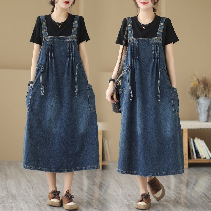 New Live Shot Denim Loose Fitting Korean Version Mid Length Dress For Women - ANIBEY