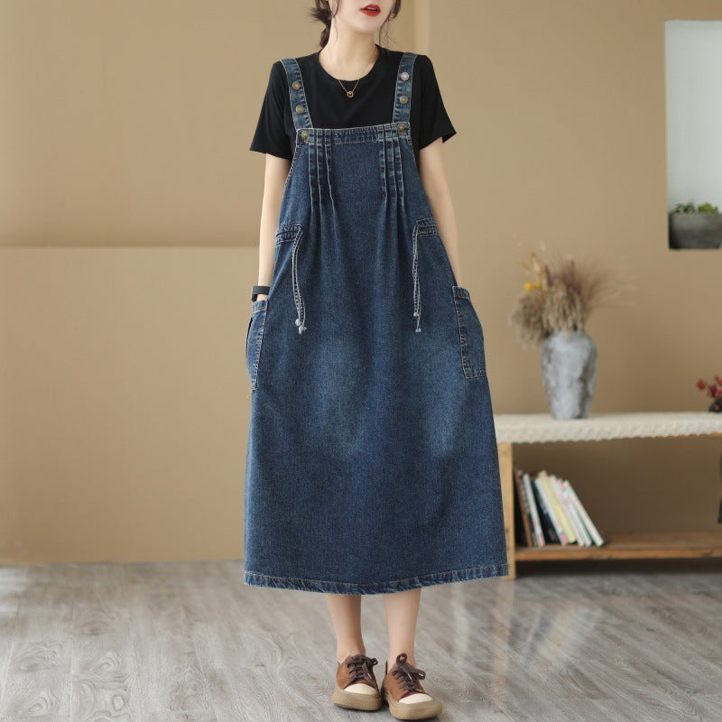 New Live Shot Denim Loose Fitting Korean Version Mid Length Dress For Women - ANIBEY