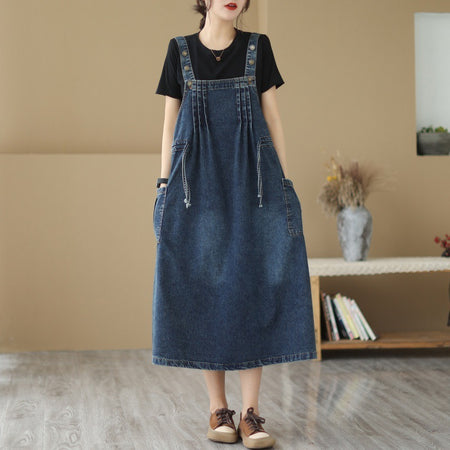 New Live Shot Denim Loose Fitting Korean Version Mid Length Dress For Women - ANIBEY