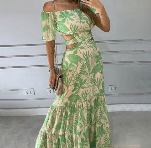 Off The Shoulder Print Cutout Lace Youth Cute Dress - ANIBEY