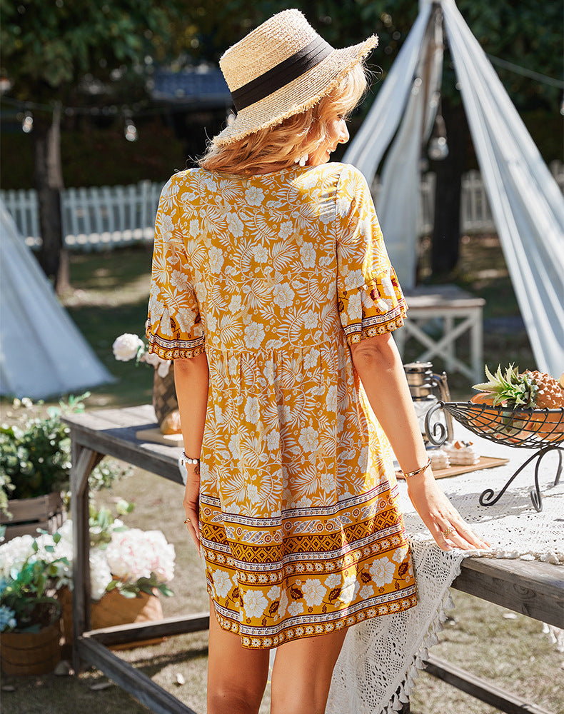 Women Casual Loose Floral Puff Sleeve Summer Dress - ANIBEY