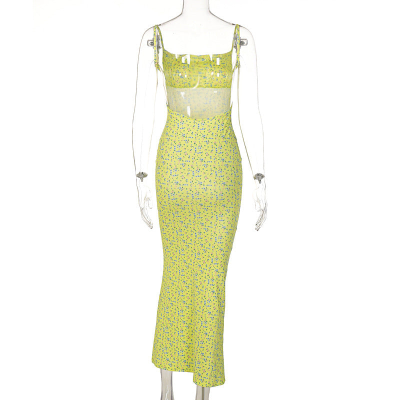Women's Slim Fit Large Back Suspender Floral Long Dress - ANIBEY