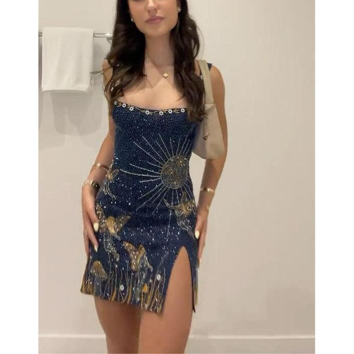 Women's 3D Printed Slit Sleeveless Sling Dress - ANIBEY