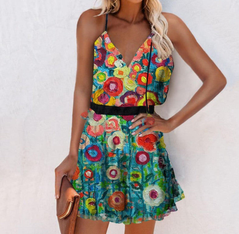 Fashion Short Cross-Border V-Neck Pullover Print Suspender Dress - ANIBEY