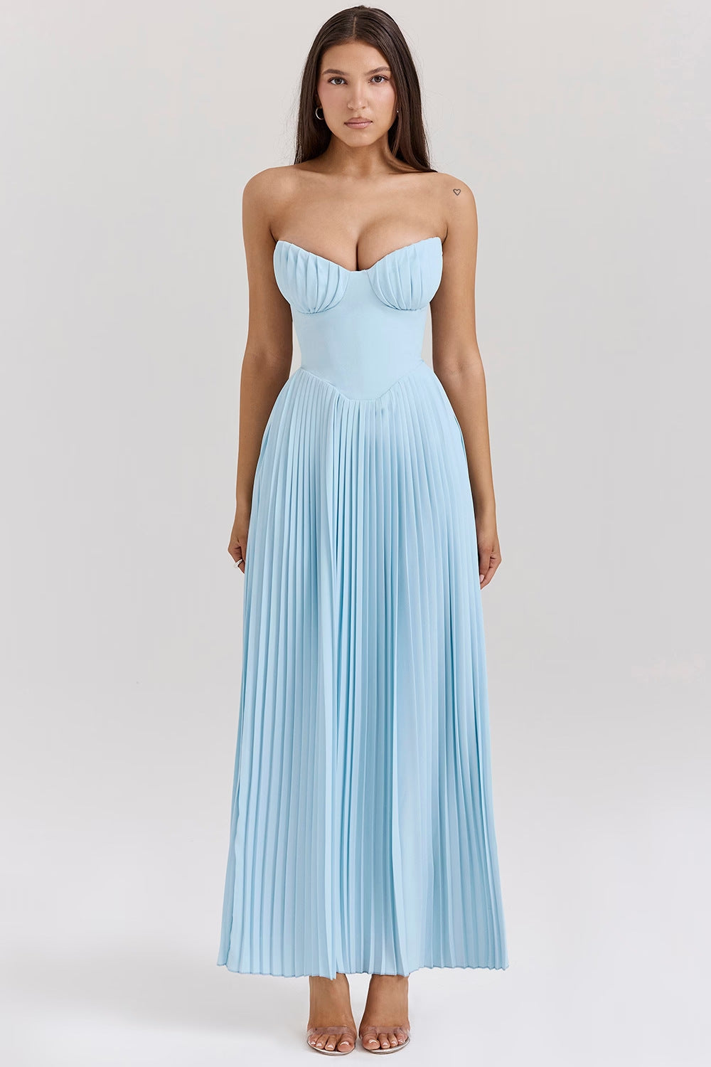 Blue Strapless Slimming Pleated Tight Dress - ANIBEY