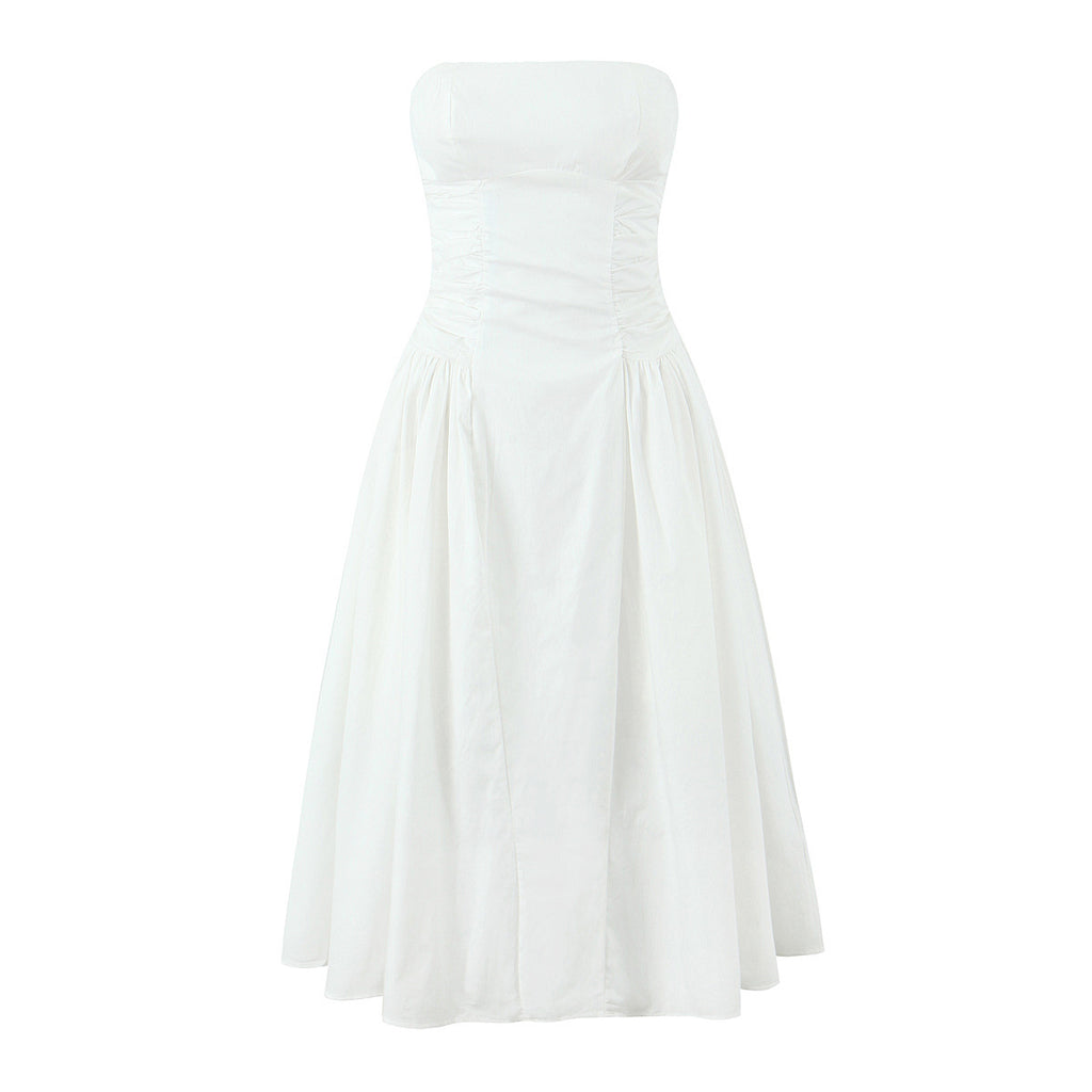 Blue Strapless Slimming Pleated Tight Dress - ANIBEY