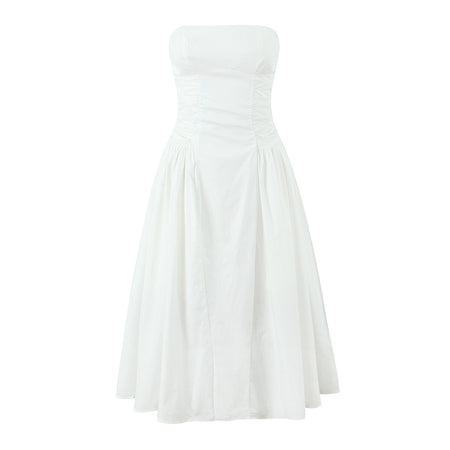 Blue Strapless Slimming Pleated Tight Dress - ANIBEY