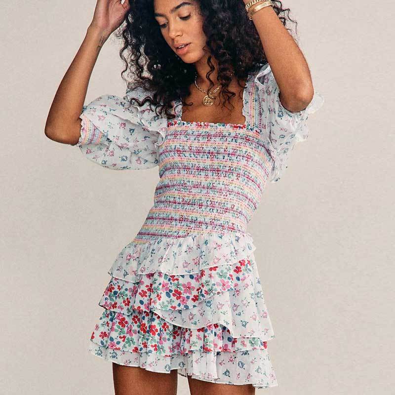 Bohemian Resort Style Romantic Printed Puff Sleeve Dress - ANIBEY