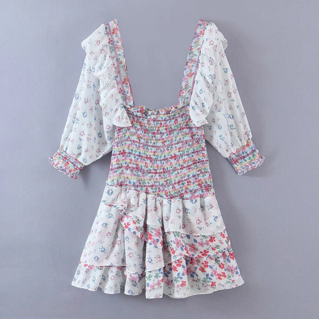 Bohemian Resort Style Romantic Printed Puff Sleeve Dress - ANIBEY