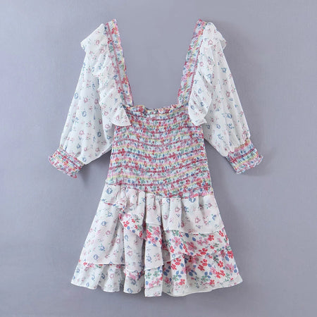 Bohemian Resort Style Romantic Printed Puff Sleeve Dress - ANIBEY