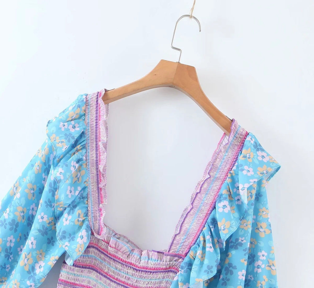 Bohemian Resort Style Romantic Printed Puff Sleeve Dress - ANIBEY