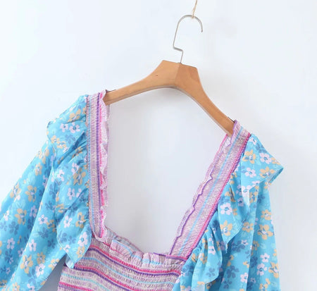 Bohemian Resort Style Romantic Printed Puff Sleeve Dress - ANIBEY