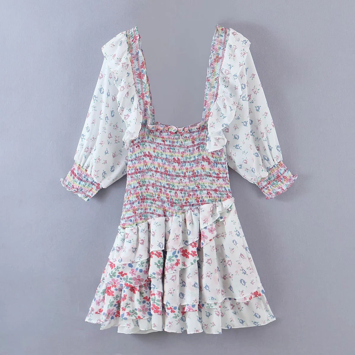 Bohemian Resort Style Romantic Printed Puff Sleeve Dress - ANIBEY