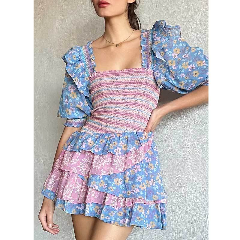 Bohemian Resort Style Romantic Printed Puff Sleeve Dress - ANIBEY