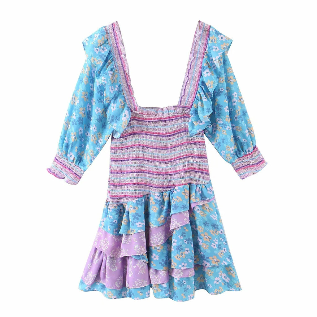 Bohemian Resort Style Romantic Printed Puff Sleeve Dress - ANIBEY