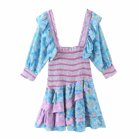 Bohemian Resort Style Romantic Printed Puff Sleeve Dress - ANIBEY