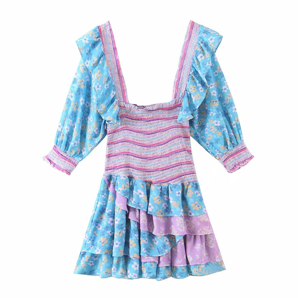 Bohemian Resort Style Romantic Printed Puff Sleeve Dress - ANIBEY