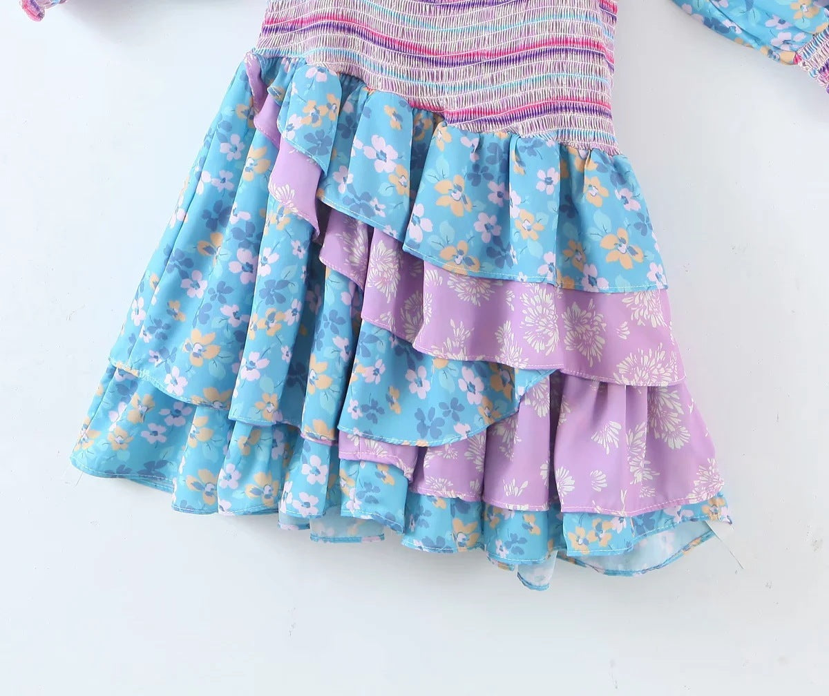 Bohemian Resort Style Romantic Printed Puff Sleeve Dress - ANIBEY