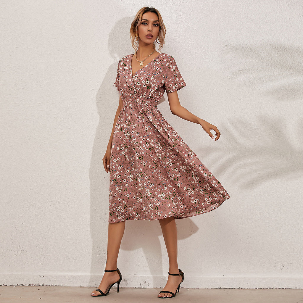 Cross-Border Foreign Trade Retro Floral V-Neck Short-Sleeved Chiffon Dress Holiday Beach Skirt - ANIBEY