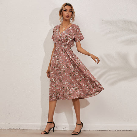 Cross-Border Foreign Trade Retro Floral V-Neck Short-Sleeved Chiffon Dress Holiday Beach Skirt - ANIBEY