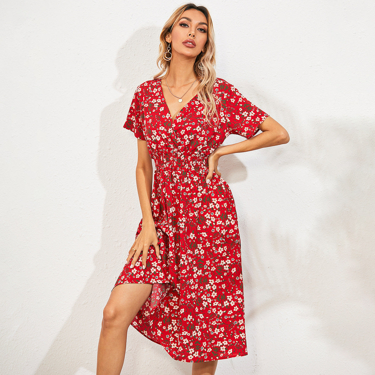Cross-Border Foreign Trade Retro Floral V-Neck Short-Sleeved Chiffon Dress Holiday Beach Skirt - ANIBEY