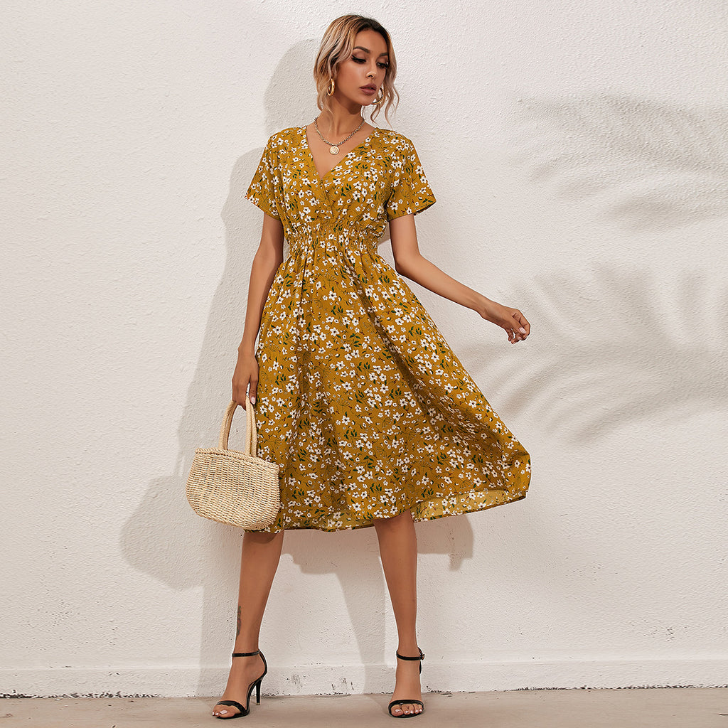 Cross-Border Foreign Trade Retro Floral V-Neck Short-Sleeved Chiffon Dress Holiday Beach Skirt - ANIBEY