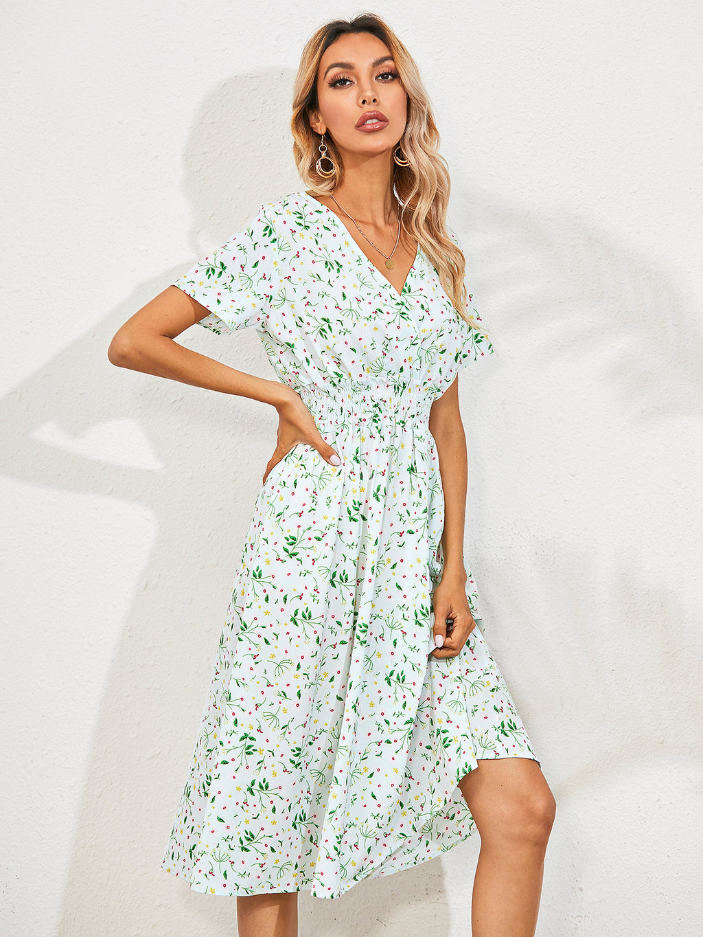 Cross-Border Foreign Trade Retro Floral V-Neck Short-Sleeved Chiffon Dress Holiday Beach Skirt - ANIBEY