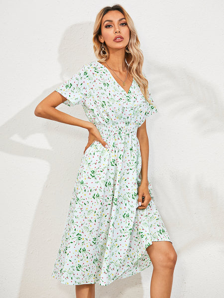 Cross-Border Foreign Trade Retro Floral V-Neck Short-Sleeved Chiffon Dress Holiday Beach Skirt - ANIBEY