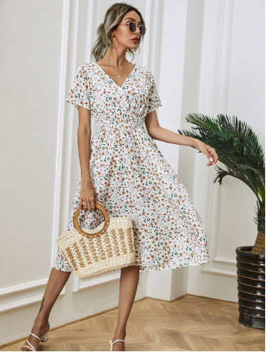Cross-Border Foreign Trade Retro Floral V-Neck Short-Sleeved Chiffon Dress Holiday Beach Skirt - ANIBEY