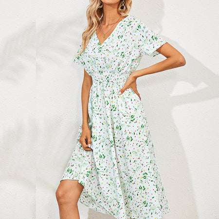Cross-Border Foreign Trade Retro Floral V-Neck Short-Sleeved Chiffon Dress Holiday Beach Skirt - ANIBEY