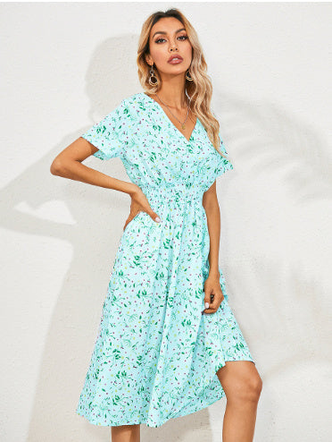 Cross-Border Foreign Trade Retro Floral V-Neck Short-Sleeved Chiffon Dress Holiday Beach Skirt - ANIBEY