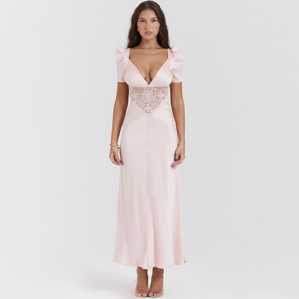 European And American Deep V Lace Stitching Midriff Outfit Long Dress Dopamine Wear - ANIBEY