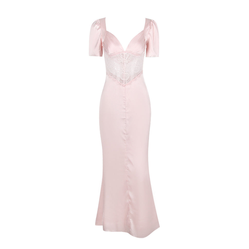 European And American Deep V Lace Stitching Midriff Outfit Long Dress Dopamine Wear - ANIBEY