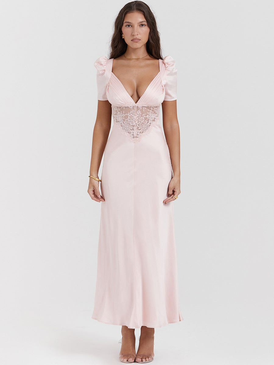 European And American Deep V Lace Stitching Midriff Outfit Long Dress Dopamine Wear - ANIBEY