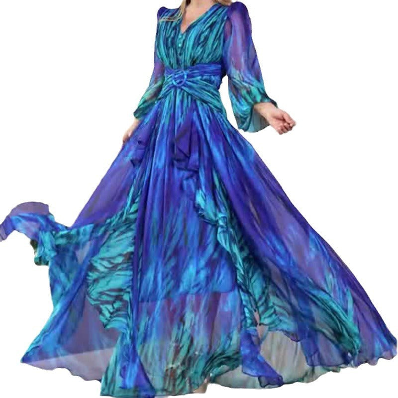 European And American Women's Clothing Fall V-neck Lantern Sleeve Printed Long Skirt High Waist Slim Temperament Floral Skirt - ANIBEY