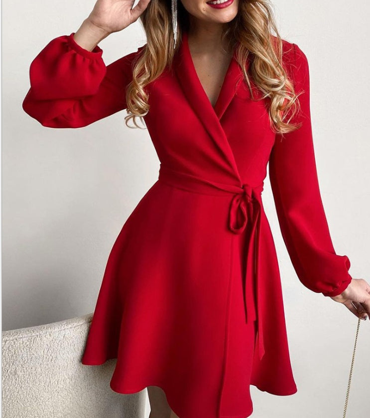 Fashion Sky Blue Long-sleeved Lapel Waist Tie Dress - ANIBEY