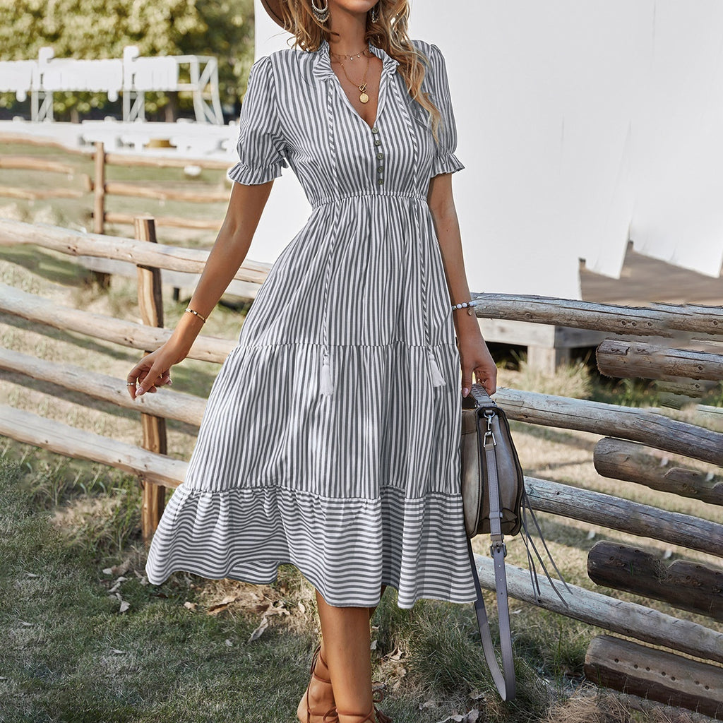 Fashion Women's Dress Striped Temperament - ANIBEY