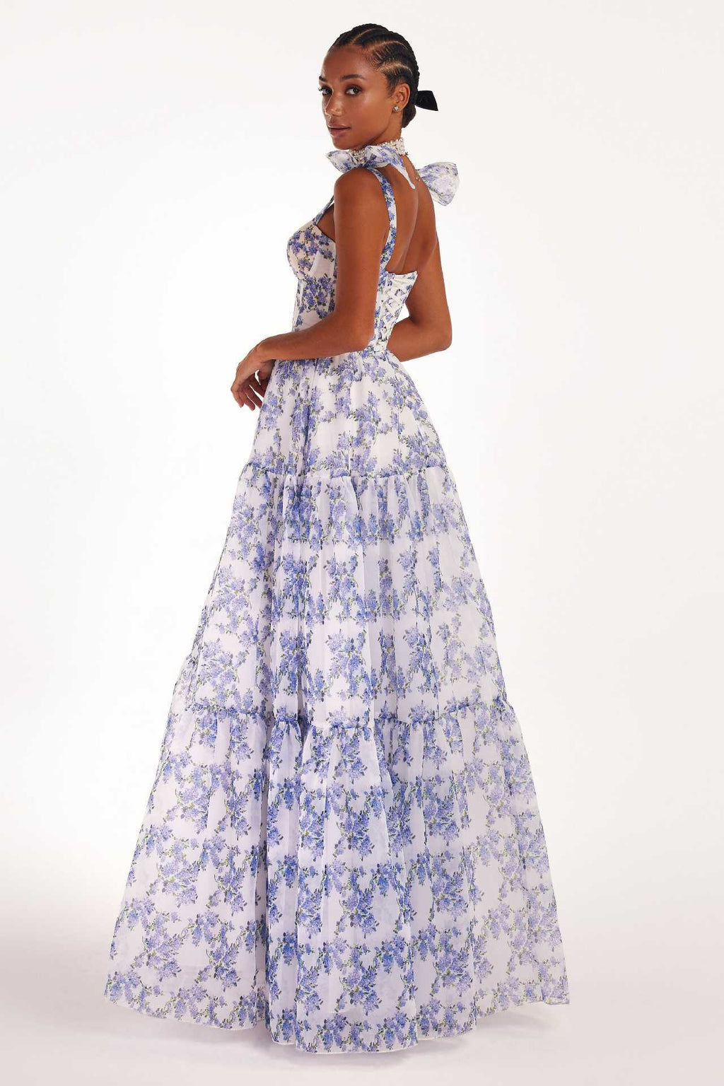 Floral Off-the-shoulder Strap Lace-up Large Swing Skirt Organza Dress - ANIBEY