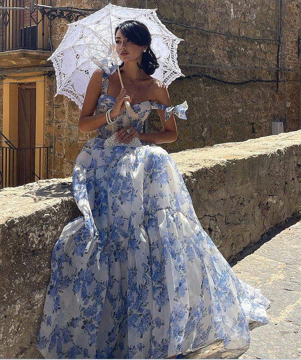Floral Off-the-shoulder Strap Lace-up Large Swing Skirt Organza Dress - ANIBEY