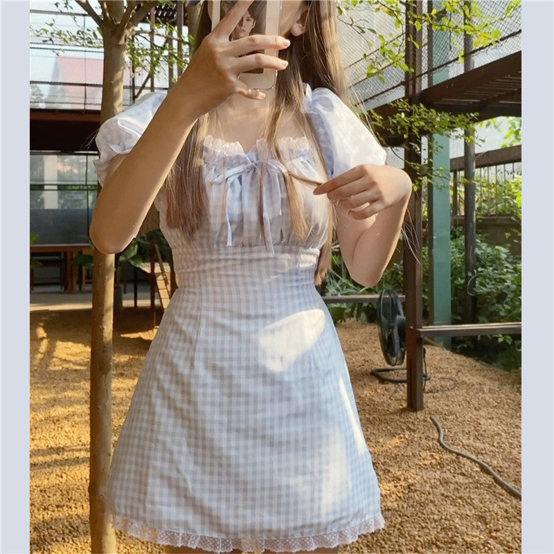 Girly Style Lace Puff Sleeve Blue Plaid Dress - ANIBEY
